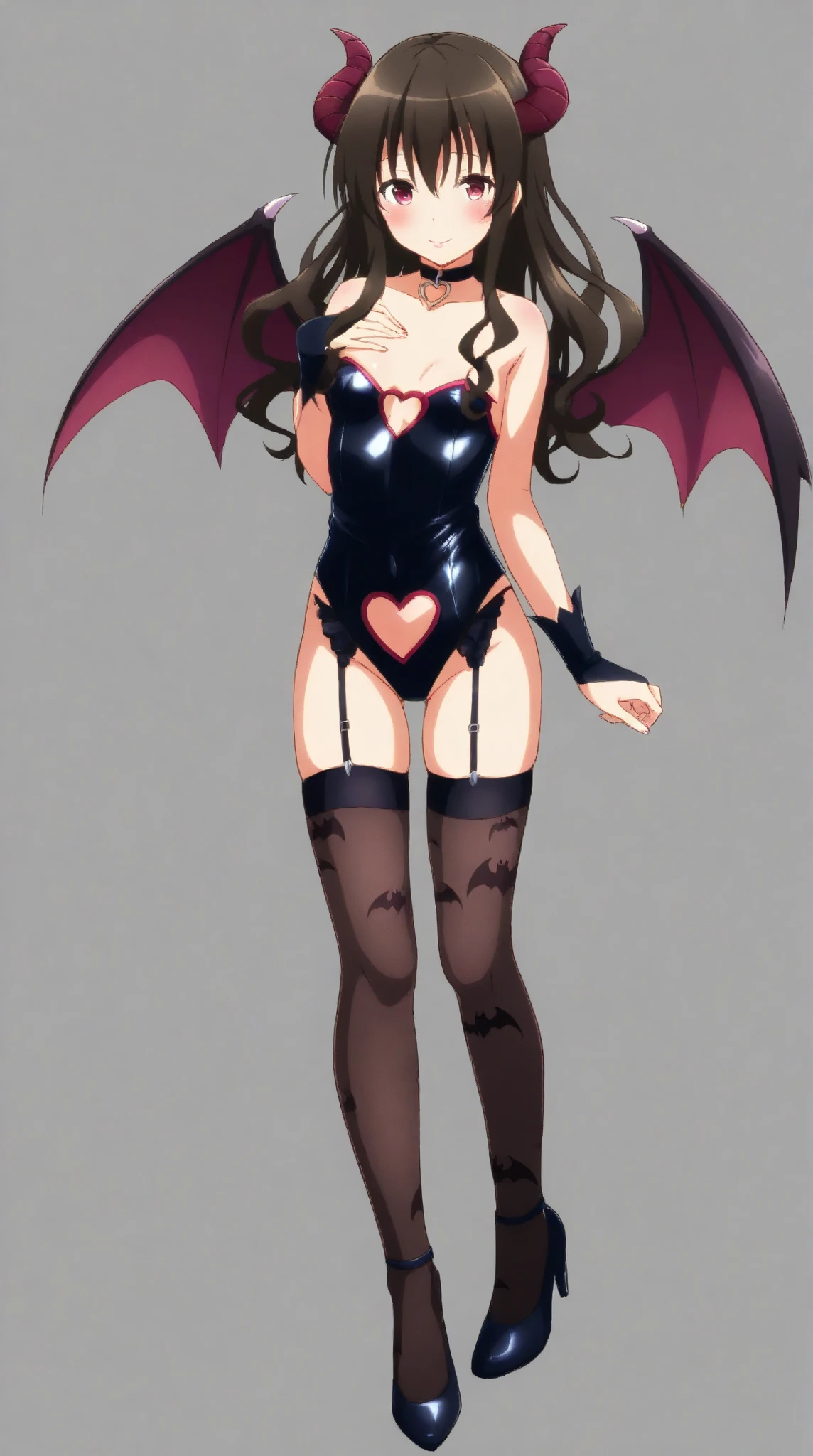 tachi-e, game cg, Highly detailed and realistic CG, Colorful, Masterpiece, Best Quality, jewel-like eyes, 1girl, solo, black hair, shiny hair, long straight hair, very long twintails, slender, skinny legs, succubus girl,succubus luxury dress, mini skirt, succubus boots, aqua blue eyes, flat chest, black elbow gloves, latex, smirk, smile, jitome, half-closed eyes, tsurime, simple background, from pov, best quality eyes, sharp teeth, tsundere, standing, contrapposto, hand on hip, (shiny skin:1.0), succubus wings, succubus tail, mesugaki, teasing, smug, cute girl, , open mouth, fangs, tongue out, pointy ears, pink heart tattoo, (Sharp Focus:1.2), Thin arms, Thin legs, outline, Evil Female Executive Succubus,
