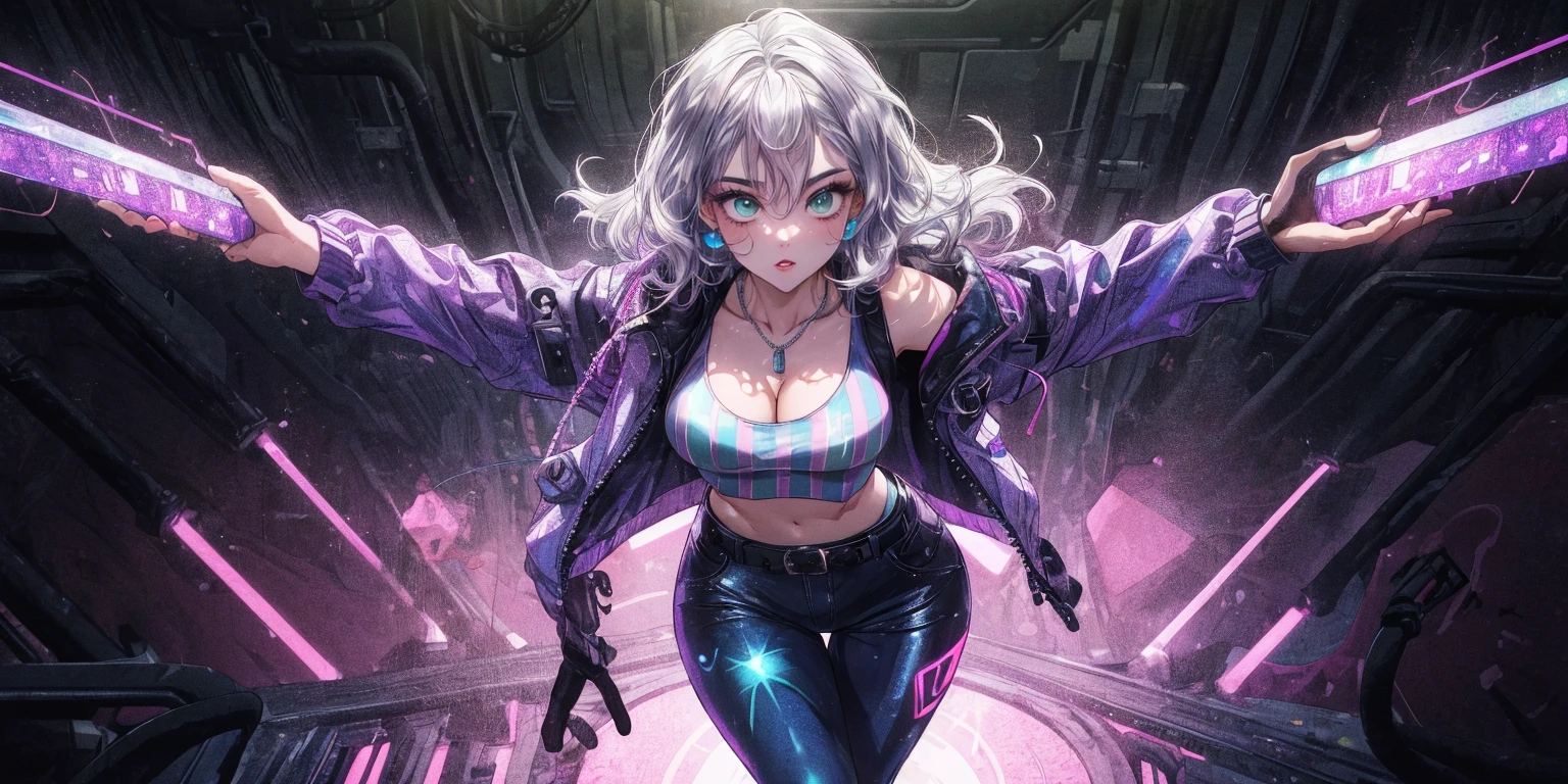 最high quality、best image quality、masterpiece、girl((20-year-old、 By becoming、vest bust、medium bust,wide open breast tea、shining eyes, silver hair、long hair、thin,highest valley、black sports bra、black sports pants、shoulder tattoo,diamond earrings、Wristband、black jacket、necklace、forward leaning movement、move violently)),high quality、beautiful art、background((Virtual space、neon lighting、neon light、Live feeling))、Flight、debris flies、Depth of written boundary、movie、visual art、perfect art、8K,genuine、Dynamic Performance