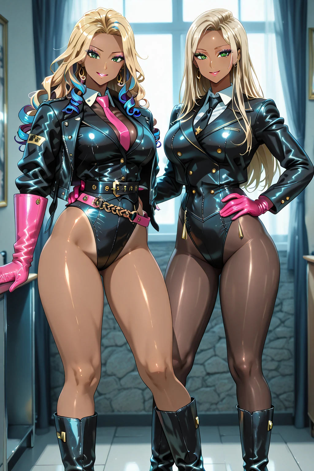 (8K,Artwork, best quality), (Face detail:0.6), (Eyes detail:1.0), (cameltoe: 1.1), (twintails|scruffy), (heterochromia:1.1), (left eye yellow|orange|white|black|Rainbow gradient: 0.5), (right eye green|blue|white|black|wainbow gradient: 0.5), 1 mulher, 26 anos de idade, perfectly dCRUn body, rosto bonito, cabelo longo, cabelo azul claro , fleshy lips , bochechas rosadas, detalhes intrincados nos olhos, Playful smile, in love with the spectator's expression, batom, vestindo roupas da moda de outono, jaqueta, capuz, skirt,thigh boots,thighhighs, open lags, background blur