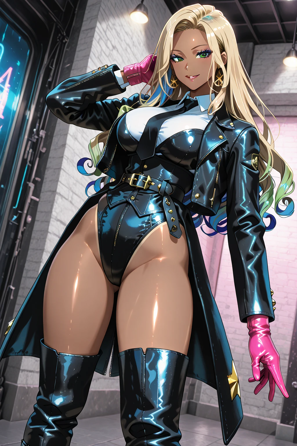 Sexy Hermaphrodite, Plump, pursed lips, freckles, Long curly black and yellow hair with bangs, Crystal blue eyes with smoky eyeshadow and black eyeliner, Black semi-matt lipstick, Dark Skin, A frivolous, proud smile, ,Full body image、Background white、Stiletto heel thigh-high boots