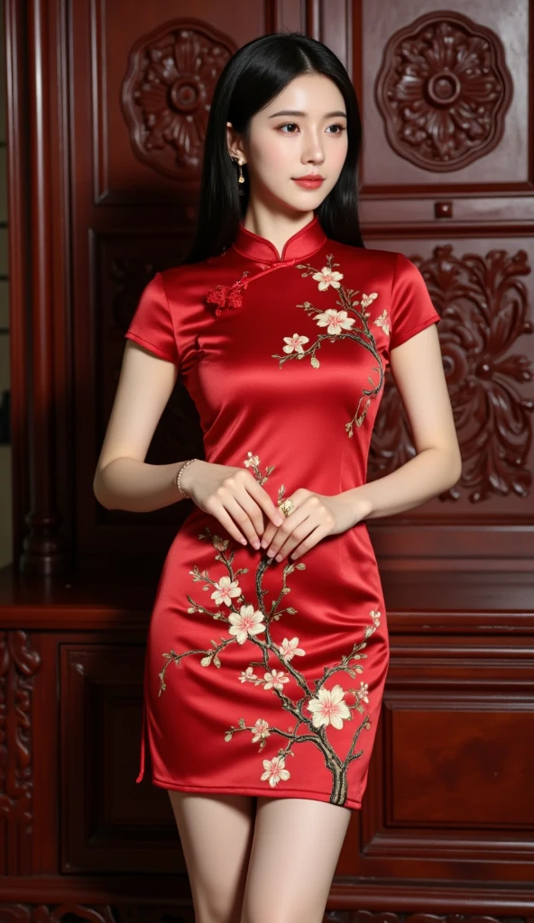 （Hyper Real）， （illustratio）， （A high resolution）， （8K）， （The is very detailed）， （Most Best Illustration）， （美丽细致的眼睛）， （best qualtiy）， （ultra - detailed）， （tmasterpiece）， （the wallpaper）， （详细的脸）， Sagging eyes， long whitr hair，huge tit，on cheongsam，Chinese style clothes，The background is indoors，（camel-toe）