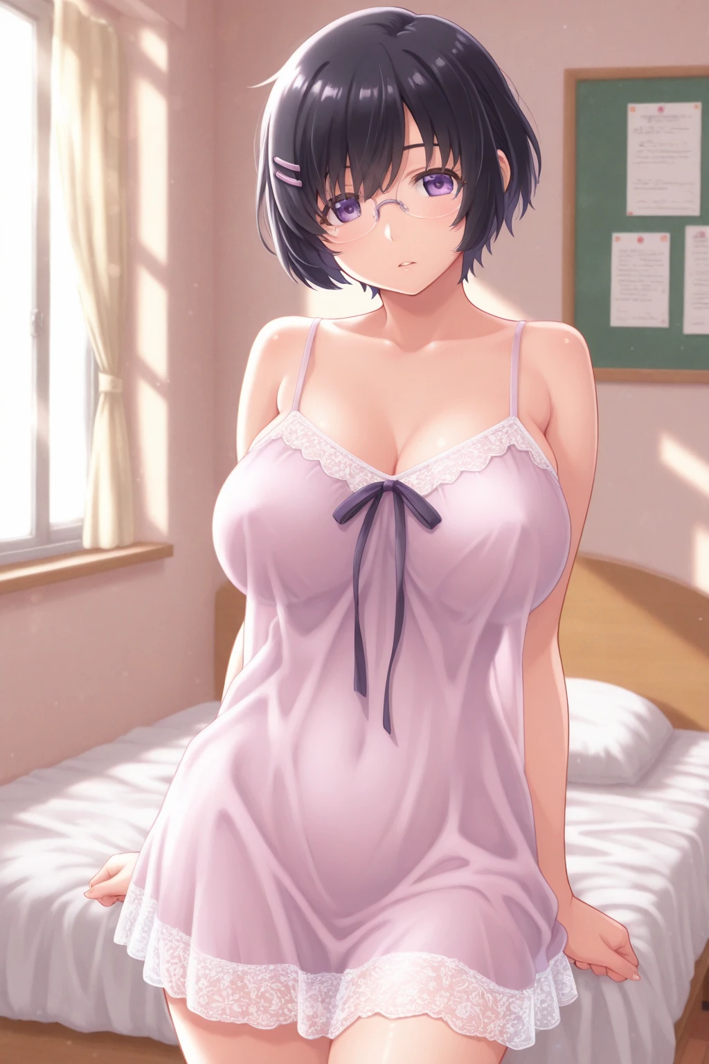 Very detailed CG Unity 8K 壁紙),(masterpiece), (Highest quality), (Very detailed), (Best illustrations),(Best Shadow)、Fucked silly after sex、semen、Male organ、With legs apart、Blue eyes、Black short hair、Micro underwear(Underwear size 1.5)、Large Breasts、bed、Embarrassed expression、Love juice、orgasm、