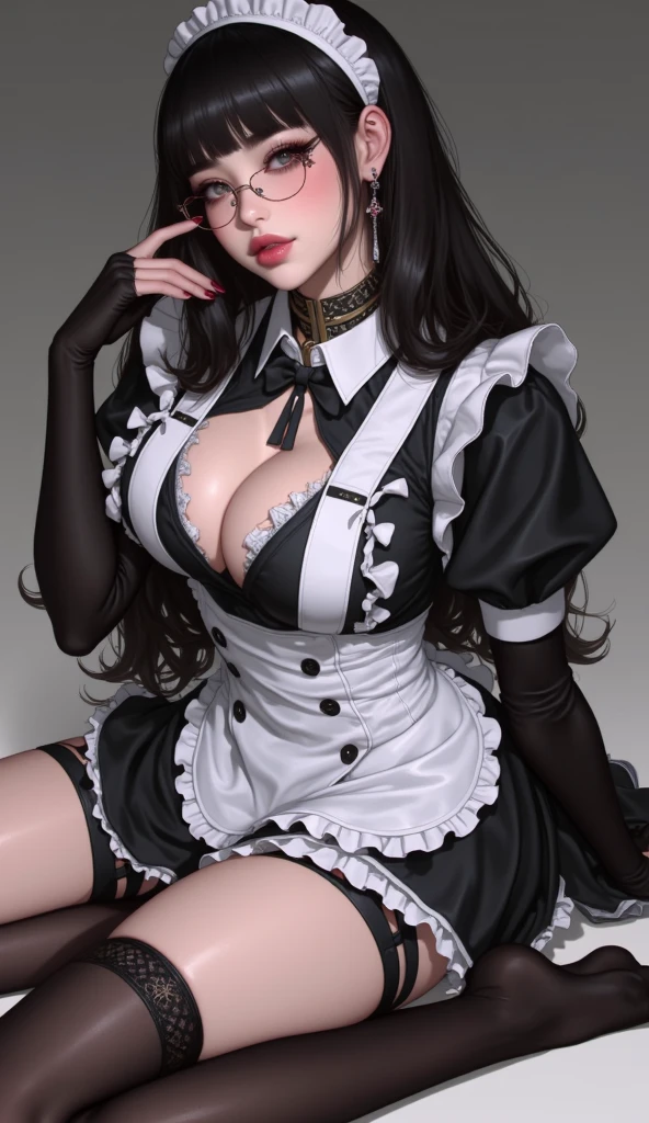 Photorealistic, high resolution, A Japanese Maid named Kimmi, solo, heavy makeup, Hips up, (standing) (Detailed face), Black hair, Long hair, black and white corset, white lace Panties , black micro skirt, fishnet Stockings. Fully clothed.