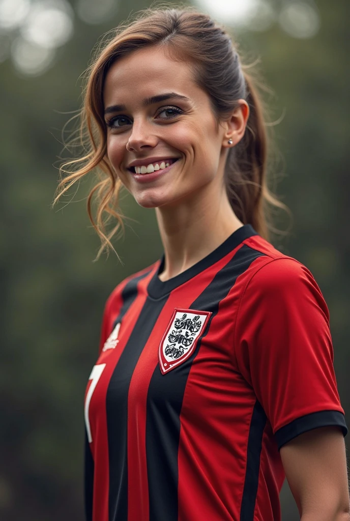 woman, wearing a soccer jersey red with a little black,maillot de foot rouge sur le buste et le ventre rayure ???? sur le bras et l'épaule, in a soccer field, sur un terrain de foot, portant une vareuse de l'équipe nationnal belge de football, smiling, skin texture, a striking 22-year-old American model with light brown hair , medium-high brest, wavy hair, 172 height, full body photo, veronika bielik, cute face, belgian girlfriend, blonde and attractive features, attractive girl, looks into the camera, symmetrical eyes, symmetrical face, photorealistic, photography, path tracing, specular lighting, volumetric.. looks into the camera, symmetrical eyes, symmetrical face, photorealistic, photography, path tracing, specular lighting, volumetric.., full body picture, full body shoot, perfect hands, soccer jersey, belgian flag