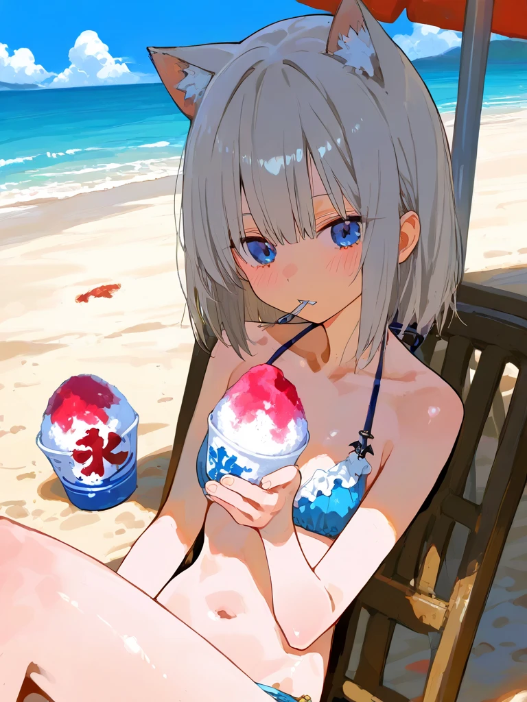 Best Quality, 2B Nier Automata, mini bikini, Whole body, Big centipedes, eating, Strawberry ice cream, on a beach