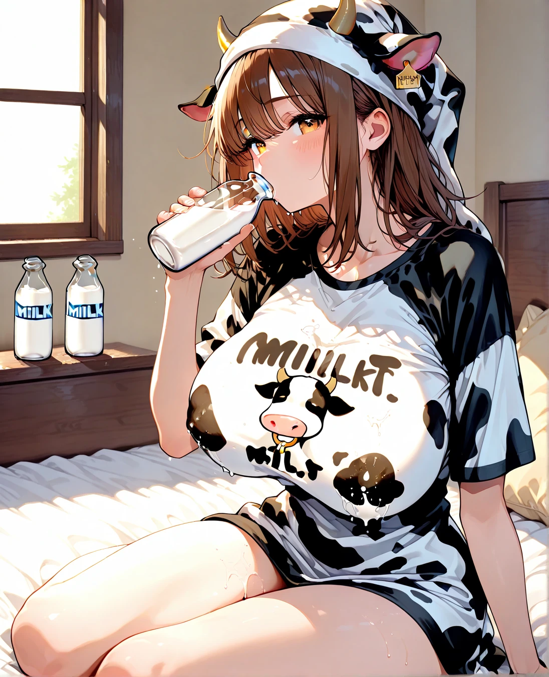 Woman in cow costume being milked