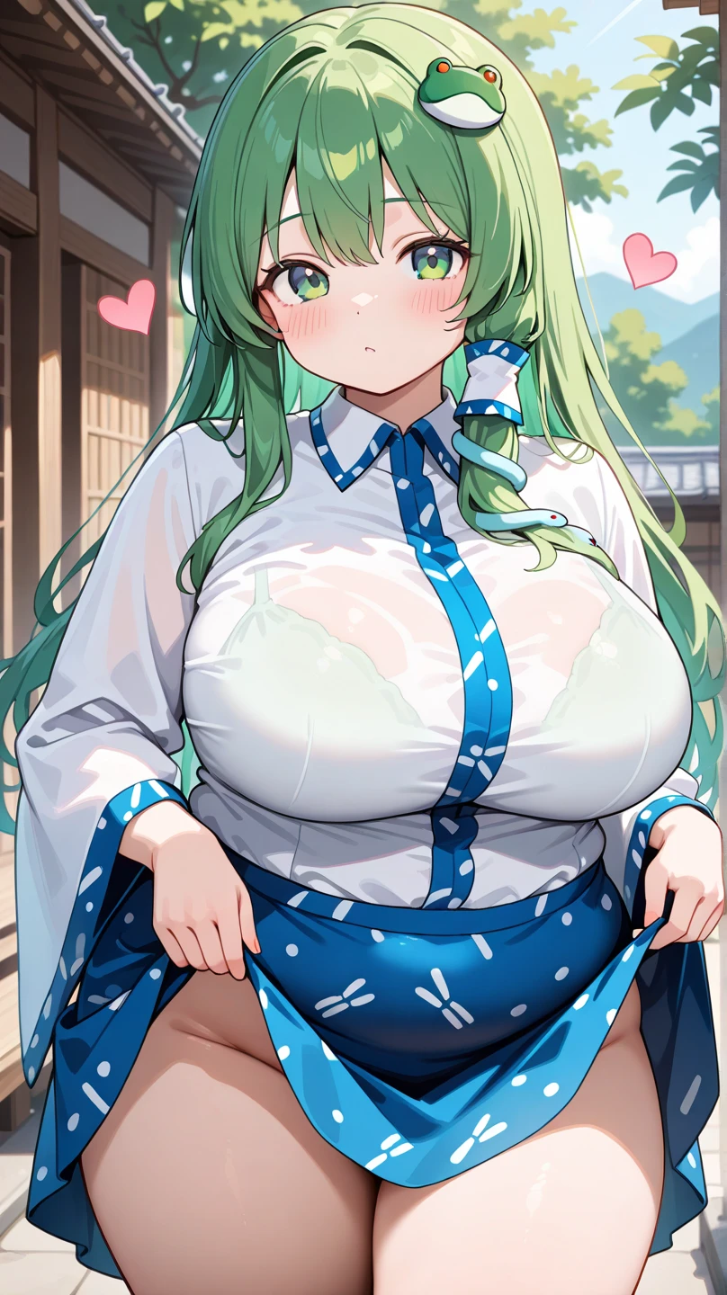 ((Green hair ponytail,green eyes,Green hairRibbon,)),((nipple,)) sweat, Sweaty and wet all over,((gigantic breast)),((Perfect body,))((Super beautiful,))((High quality,))Looking at Viewer, (standing)(jacket that exposes the shoulders ,very short pleated skirt,off-shoulder,Sleeveless very Short White Blouse,Thigh-high socks,) (Heavy breathing, sweat, Sweaty and wet all over,see-through sexual white Underwear,lovejuice dropping pussy,)(Lift up the hem of her skirt to show off her crotch),Close mouth,open legs,