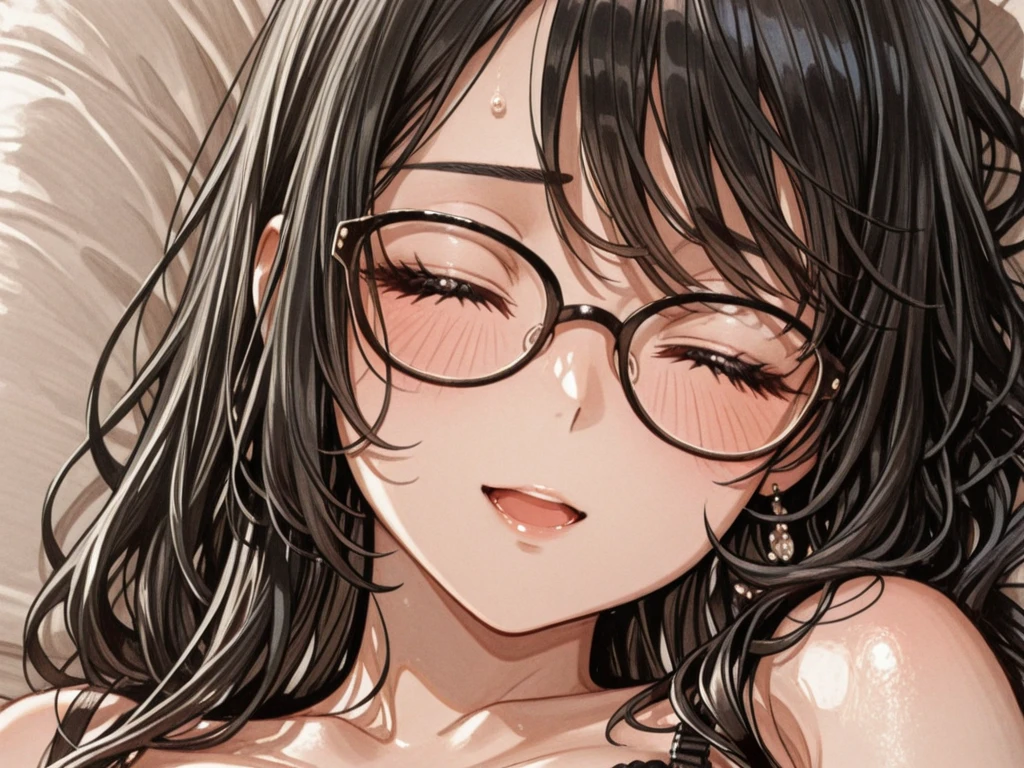 (Perfect body),Highest quality,16K、Masseter muscle area、((Browsing Caution))、((((Embarrassing))))、(Breast augmentation)、Are crying、(obesity)、(kiss、Sticking out tongue)、Armpits、Hands behind head、short hair、(Red eyes),Black Hair、((Sweat))、(((Focus on the face)))、(Bedroom at night)、Glasses