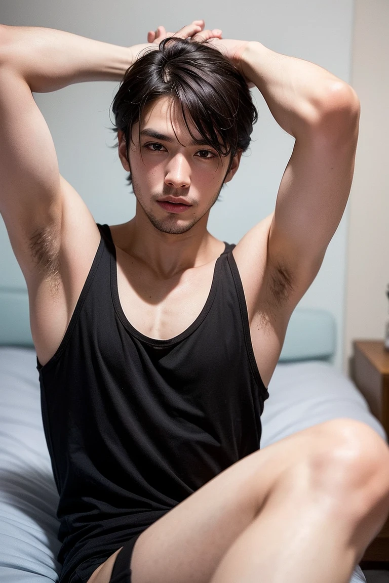 1 boy、Black Hair、Brown eyes、Completely naked、Glasses、whole body、bed