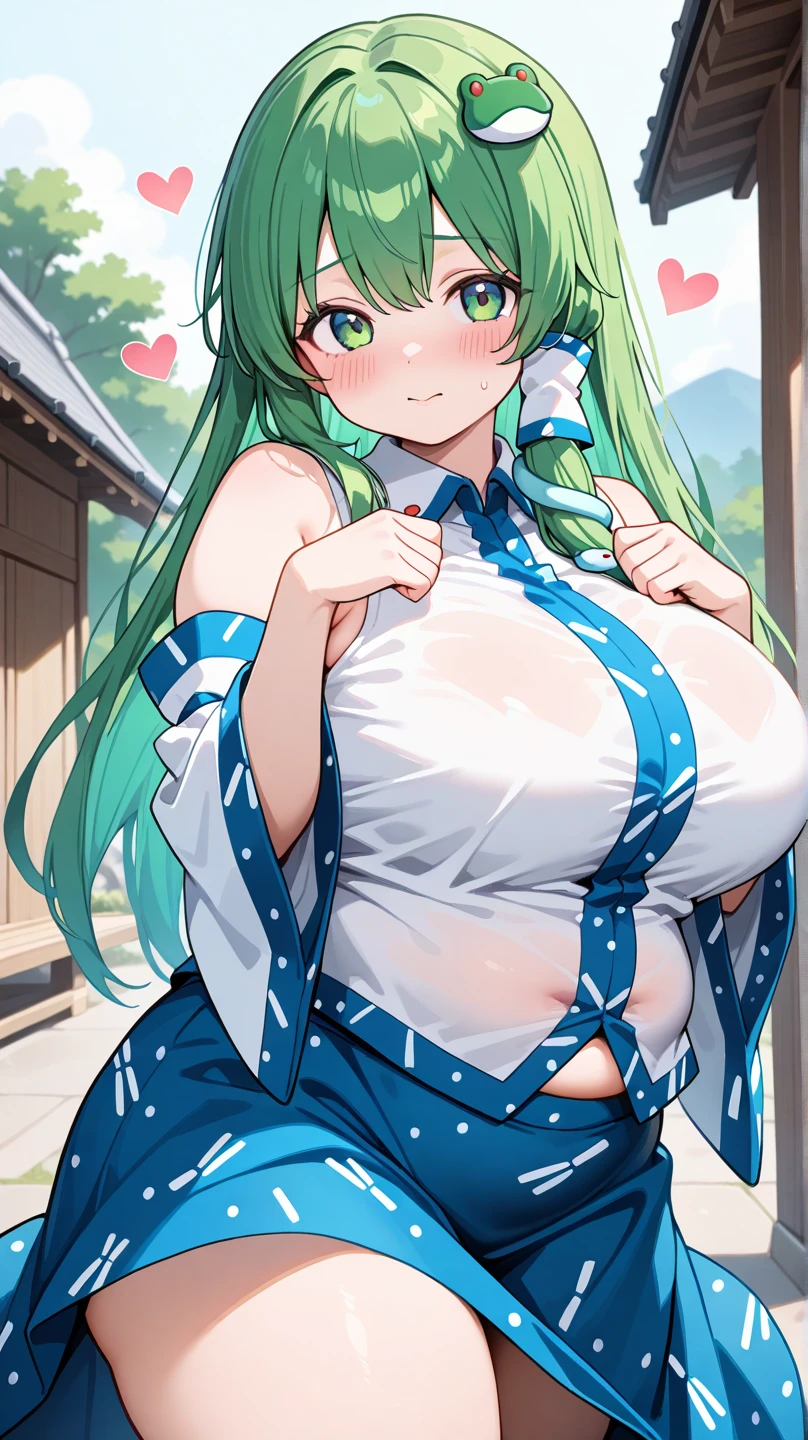 ((A Pretty girl wearing the random colored China dress)), short sleeves, ((top-quality, master piece, ultra-definition, high resolution)), anime girl, ((ultra-detailed illust:1.2)), only one person, bangs, hair between eye, green colored hair, beautiful hair, random colored eyes, Shiny eyes, highlight in the eyes, ((detailed eyes:1.2)), ((super gigantic breasts:1.3)), ((bouncing breasts:1.3)), motion blur, ((Give the breasts a blur effect:1.3)), huge tits, Soft breasts, cleavage of the breast, show breasts, ((erected nipples)), shiny thighs, big smile, blushing, opened mouth, in the Chinese restaurant, cowboy shot, nothing on the head