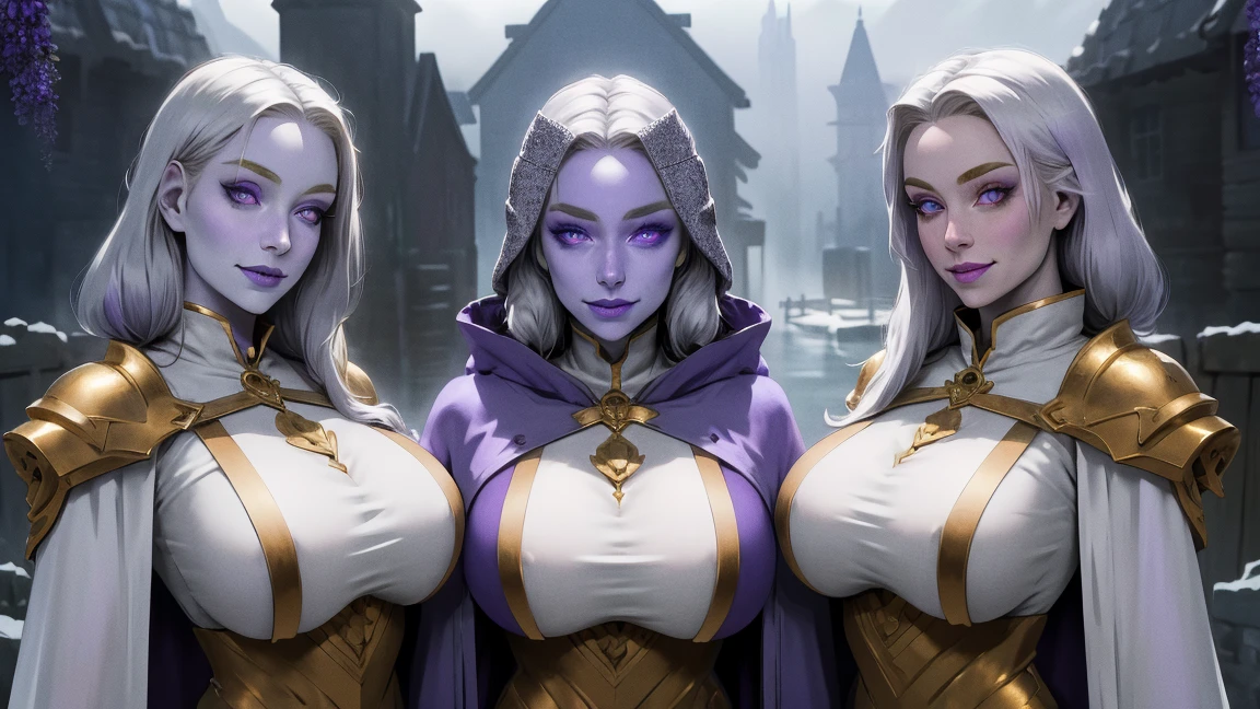 (Triplets) (chest covered) (smile) Gray skin, pale golden hair and violet eyes. They prefer clothing of white and silver with cloaks of deep blue or purple, village background, ((very precise detailed)) ((high res)