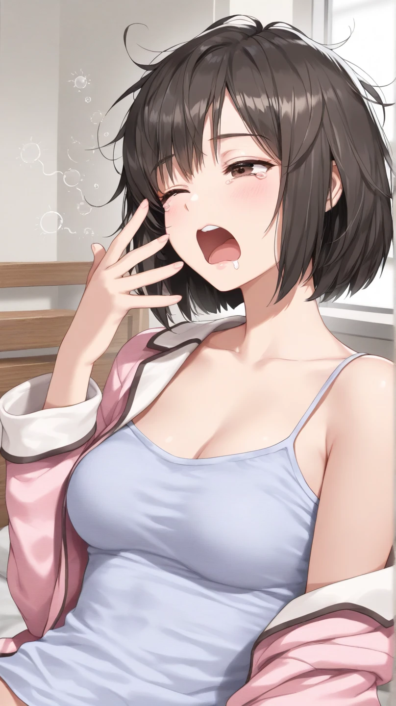 (Modern house interior/), Only one woman, Mature Woman, /(blue ribbed Sweater/), bangs, Black Hair、Bobcut、A gentle, blushing smile,Open your mouth wide、Dripping saliva、 (Masterpiece Top quality:1.2) Delicate illustrations, Very detailed, Large Breasts、No bra、No bra、((Sweat,vapor,Vulgarity))、Tight sweater、Sitting on the sofa、Leg spread、Purple panties、Close-up of the mouth