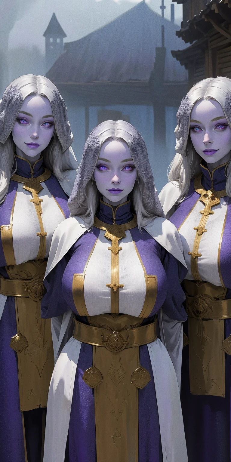 (Triplets) (chest covered) (smile) Gray skin, pale golden hair and violet eyes. They prefer clothing of white and silver with cloaks of deep blue or purple, village background, ((very precise detailed)) ((high res)