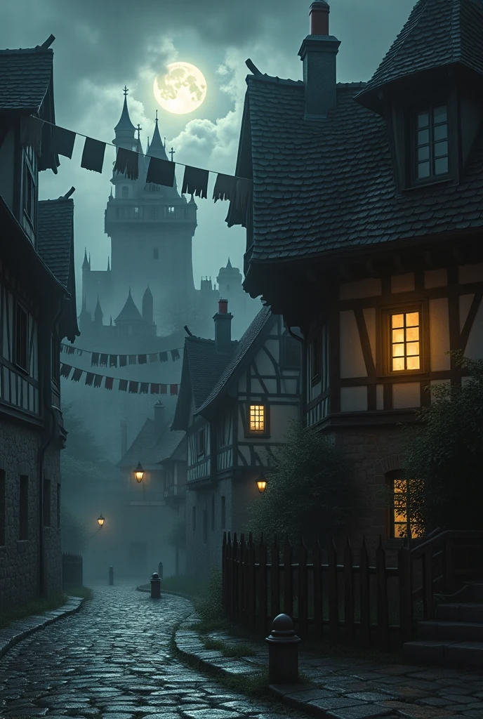 Under the light of a full moon, an old medieval town is portrayed ...