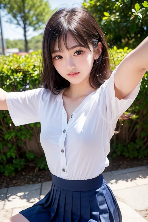 (Highest quality,8K quality,masterpiece:1.3),(超A high resolution,Photorealistic:1.4,RAW Photos),(Very detailed,Caustics,Detailed Background),(Ultra-Realistic Capture,Fine and beautiful skin,Perfect Anatomy),Daytime,School,Schoolyard,18-year-old,cute,single eyelid,Black Hair,Schoolのブレザーの制服,Laughter,Bust up shot,Natural soft light,photorealistic,I can see your feet,b-cup,Erotic,cute下着,I can see your underwear
