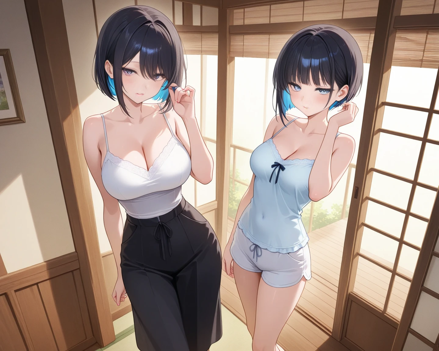 highest quality,wonderful,finely,extremely detailed CG Unity 8K wallpaper, (1 Girl,Black Hair, Blue Eyes,short hair, double bun), (midium breasts:1.2), (school swimsuit:1.1), (Bare shoulders:1.1), (clavicle:1.1), (open mouth:1.2), (long tongue:1.2), (mouth drool:1.2), (zettai ryouiki:1.2),(Waistline:1.2), (Are standing:1.2)