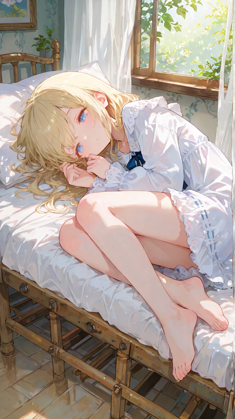 Attention to detail, high quality, high resolution, 4K, 8K, she sleeps at the desk, outside the window is raining, she has long gold hair, she feels relaxed, she has beautiful eyes, blue eyes, casual cloth, warm atmosphere, calm atmosphere, relax atmosphere