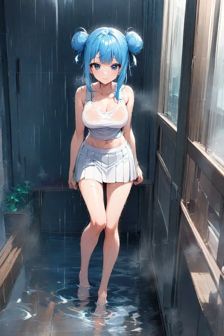 (masterpiece, best quality:1.2), 1girl, solo, blue_eyes, standing, window, looking_up, flat_chest, unbuttoned_shirt, blue_hair, white_socks, closed_mouth, bangs, loose_socks, indoors, knees_spread_feet_apart, pussy, sunset, full_body, short_sleeves, rain, bare_legs, water_drop, very_long_hair, ponytail, topless, pants_around_ankles

