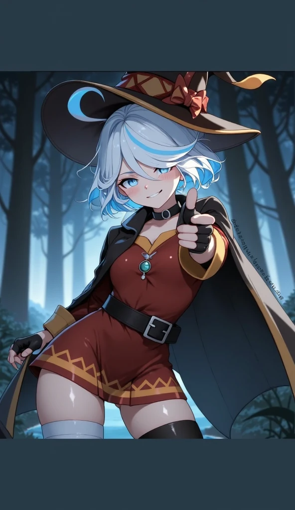1girl, superhero, holding wand, witch academia, superhero sorceress witch, glamorous angewoman digimon, sky witch, by Aguri Uchida, maya ali as an ice mage, white tuxedo, leotard, solid white leotard with florescent blue accents, bare legs, white thigh-highs, winter boots, (white witch hat, white hair, long hair, bangs), green eyes, beautiful detailed eyes, beautiful detailed face, cute face, slightly large breasts, smile, one eye closed, looking at viewer, playful, flirty, age 16-18, solo, solo focus, wonder, full body portrait, cowboy shot