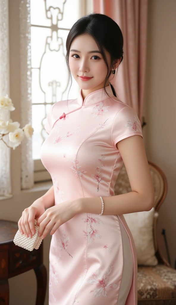 8K, High resolution, Super detailed, masterpiece, highest quality,16 years old、1 Japanese female、very cute、 adorable、 shiny skin, sexy,light makeup、 (Pastel pink cheongsam with floral embroidery:1.3)、looking down at the photographer、very attractive, arms above head, white panties、pastel blue、Big breasts that are about to burst、ponytail、curly hair、Scrunchie、Gaze inviting a man、smile、(open both legs wide:1.4)、Photographed at a sex shop、sit on a chair、white pantiesーを見せる、