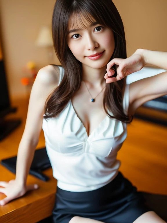 (8K high image quality), (top-quality), (RAW image quality), (masutepiece:1.2), (Realistic), Precise action and realistic style, The Ultimate Face, Light and shadow, Clear facial features, milky skin, Fair skin, highdetailskin, Realistic skin details, Visible Pore, (Super Detail), (( chest is very small:1.5)), Hair length is random, (Flowing hair), Best portraits, Shot from a short distance, Only one girl, Cute, Beautiful detailed eyes, beautiful detailed nose, highlydetailed skin), (Beautiful face with double eyelids), (Realism: 1.4), excellent details, Ultra-high resolution, delicate and beautiful face, 30 years old, ((baby face)), (Beautiful Face 1.4), A slender, long skirt, (Wearing an office lady suit and skirt:1.2), ((In the office of the company)), Natural smile, Medium Hair, Very beautiful legs, ((squatting:1.2)), ((Smile at your audience)), The color of the panties is white, Very attractive smile, Sit with both knees upright, realistic nipples, freckles, on the floor, (Photorealistic:1.37), from behind