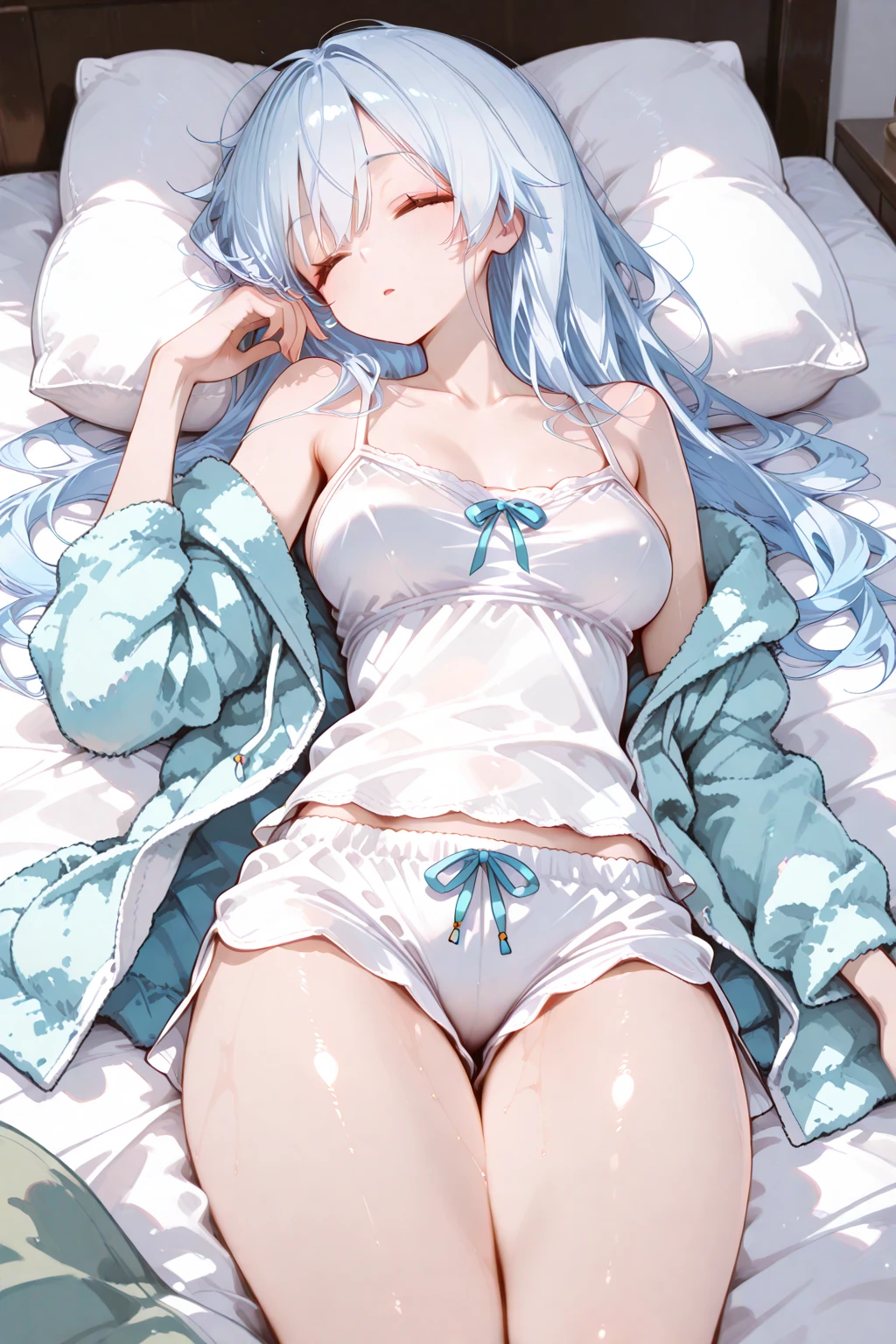 Long Hair、Blue Hair Girl、ponytail、In underwear、Sleeping in bed、Blushing、Smiling
