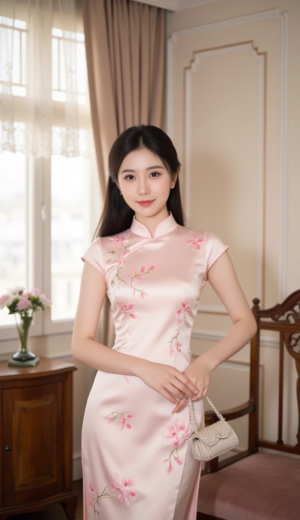 (Highest quality:1.5)、(masterpiece:1.5)、(8k:1.5)、((Primary school students:1.7))、(Flat Chest)、(Tight Chinese dress:1.5)、Braid、Angle from below、smile、(The background is the hotel:1.7)、Erect nipples、whole body、2 people