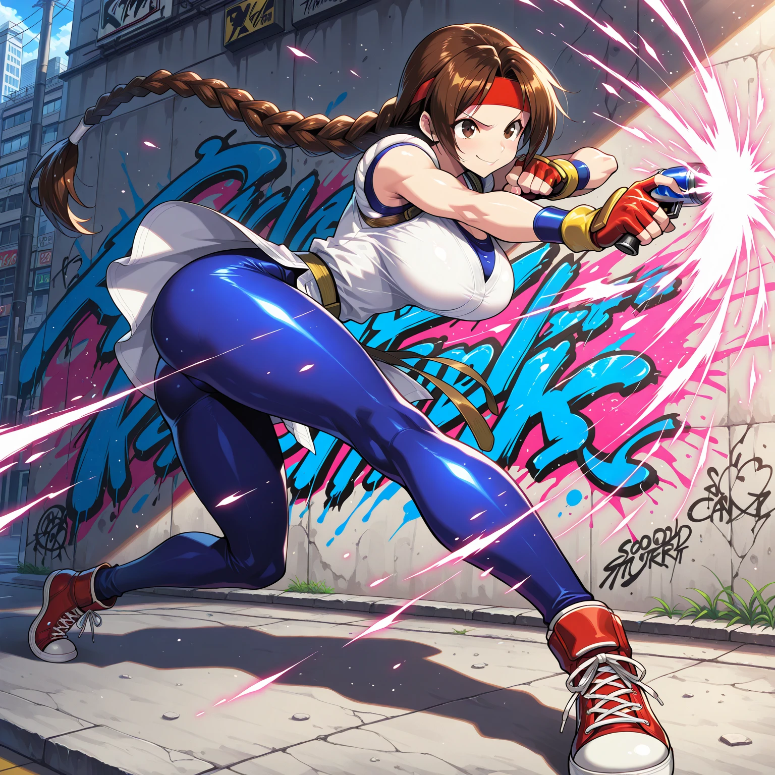 (masterpiece:1.1), (best quality:1.2), (ultra high res:1.2), 16k,super fine illustration, soft lighting, 1girl, ((yurims)), ,((red headband)), dougi, spandex, gloves, fingerless gloves, ((leggings)), 20yo, (((slim body))),(((((large areolae))))), beautiful face, beautiful hair, (((saggy medium breasts))), ((hanging breasts)), (((breasts apart))), (big ass), (((lovely eyes))), shiny body, beautiful skin, (((very humid sweaty))), (((shiny skin))), , anime, realistic, (((cute smile, happy))), anime screencap, dynamic pose, dynamic angle,