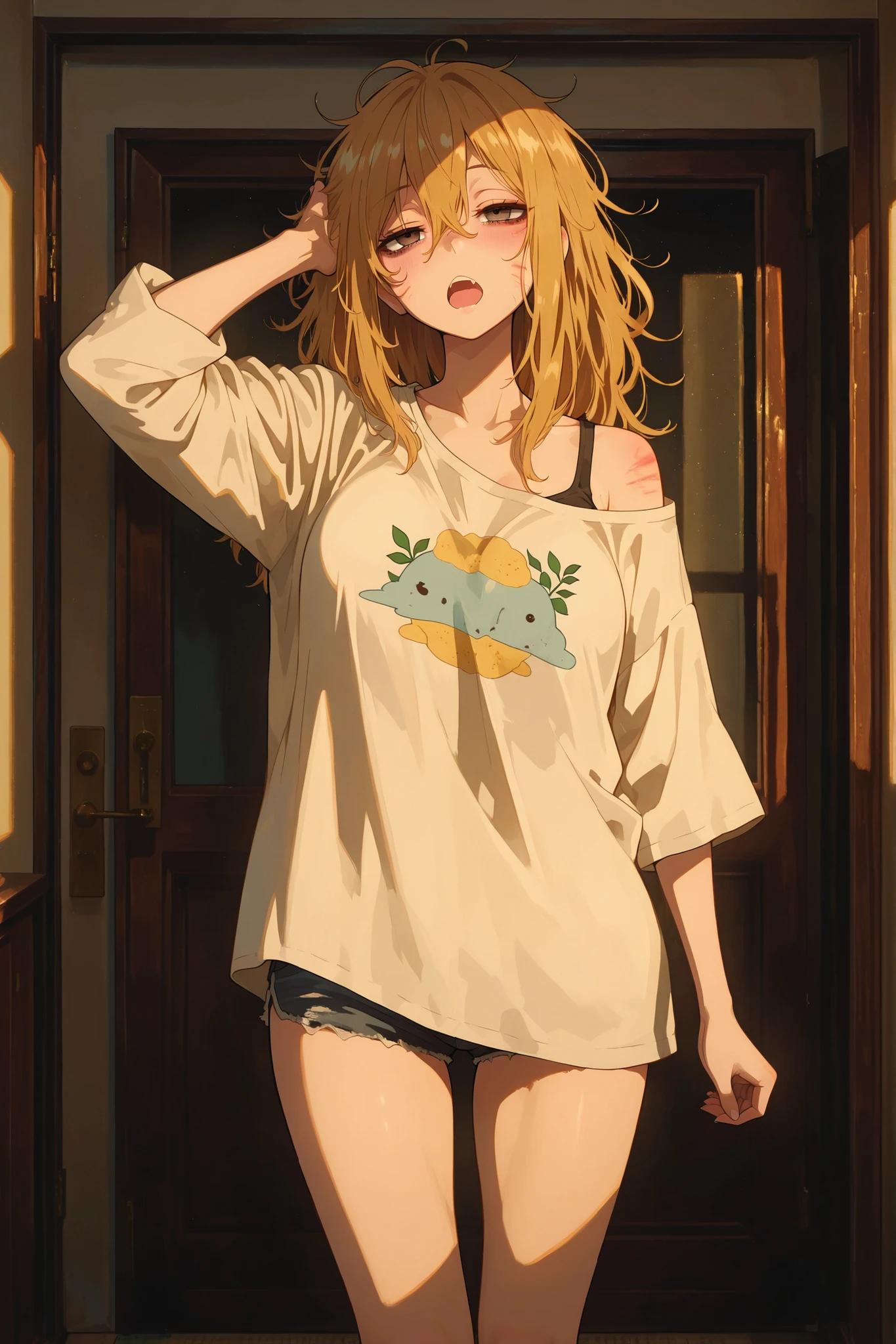 (masterpiece, best quality, ultra-detailed, cinematic lighting),
a sleepy woman just woke up, messy bed hair sticking out in all directions,  
half-lidded eyes, yawning slightly, scratching her head,  
wearing an oversized wrinkled T-shirt slipping off one shoulder, no bra,  
loose cotton shorts slightly twisted from sleep,  legs,  
standing at the front door in the morning, door half-open,  
soft golden morning light streaming in, shadows from doorway cast across her body,  
subtle blush on her cheeks, disheveled but charming appearance,  
realistic skin texture, sleepy expression, casual posture
