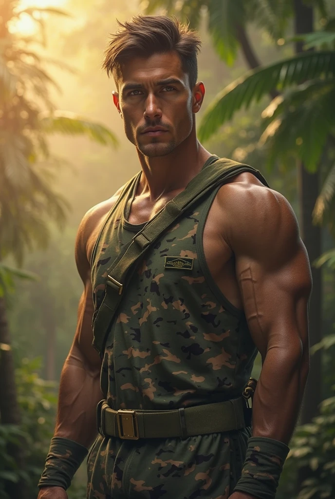 photorealistic, full view. A young, cute, 24 year old, muscular, handsome, Caucasian farmer with a very nice, chiseled jaw and chest, big biceps, shaved, fade-cut sandy blond hair, stubble, and blue eyes, no shirt, wearing olive-green underwear, and brown work boots. He is sweating with a glistening body. Standing in a wide open grassy field on a hot summer afternoon, and smiles seductively at the camera.