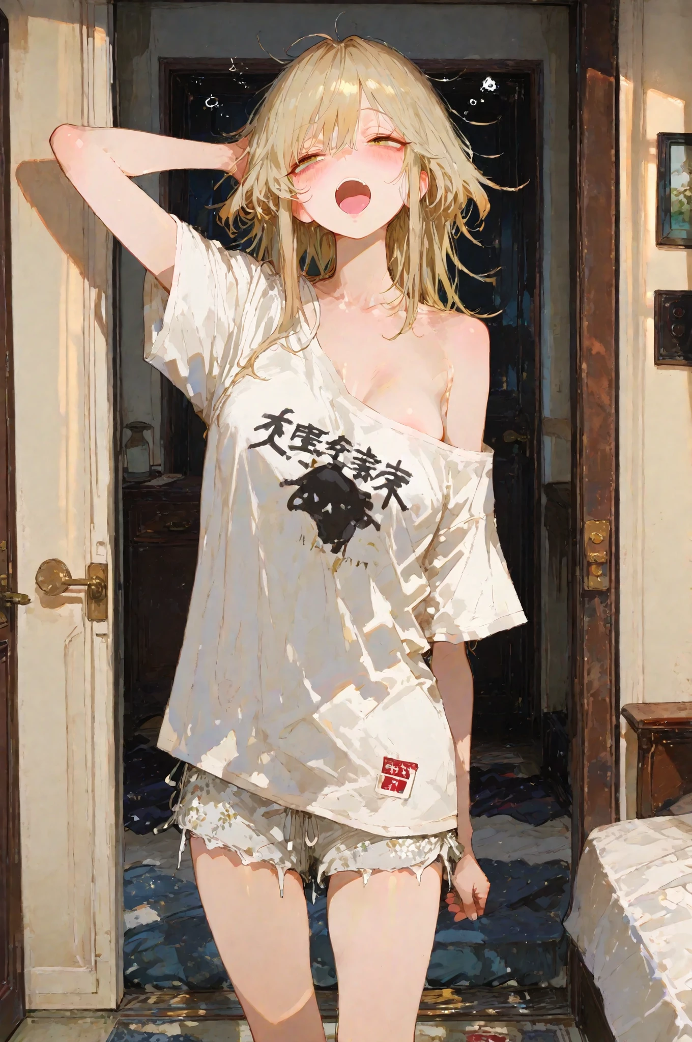 (masterpiece, best quality, ultra-detailed, cinematic lighting),
a sleepy woman just woke up, messy bed hair sticking out in all directions,  
half-lidded eyes, yawning slightly, scratching her head,  
wearing an oversized wrinkled T-shirt slipping off one shoulder, no bra,  
loose cotton shorts slightly twisted from sleep,  legs,  
standing at the front door in the morning, door half-open,  
soft golden morning light streaming in, shadows from doorway cast across her body,  
subtle blush on her cheeks, disheveled but charming appearance,  
realistic skin texture, sleepy expression, casual posture
