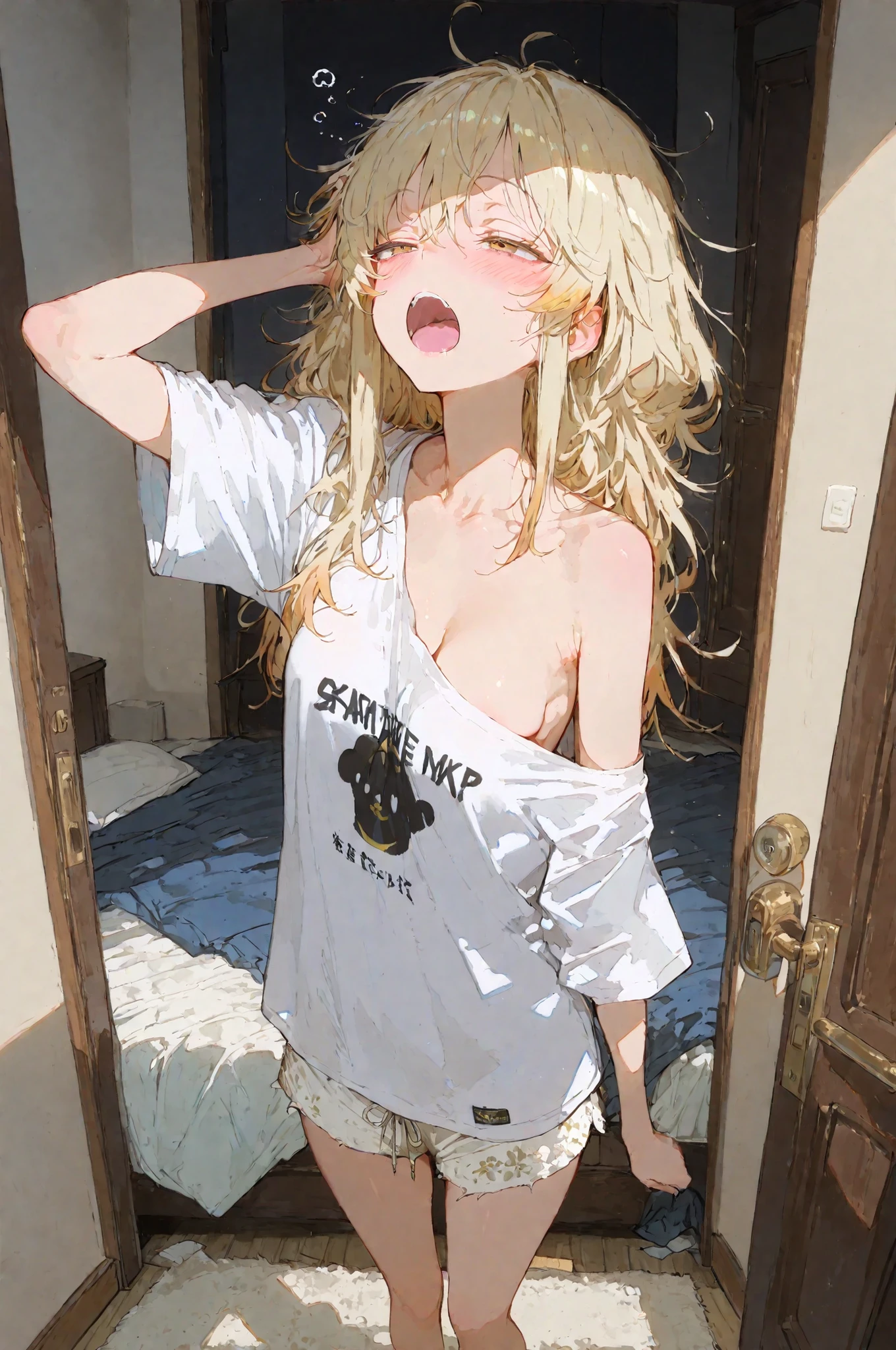 (masterpiece, best quality, ultra-detailed, cinematic lighting),
a sleepy woman just woke up, messy bed hair sticking out in all directions,  
half-lidded eyes, yawning slightly, scratching her head,  
wearing an oversized wrinkled T-shirt slipping off one shoulder, no bra,  
loose cotton shorts slightly twisted from sleep,  legs,  
standing at the front door in the morning, door half-open,  
soft golden morning light streaming in, shadows from doorway cast across her body,  
subtle blush on her cheeks, disheveled but charming appearance,  
realistic skin texture, sleepy expression, casual posture
