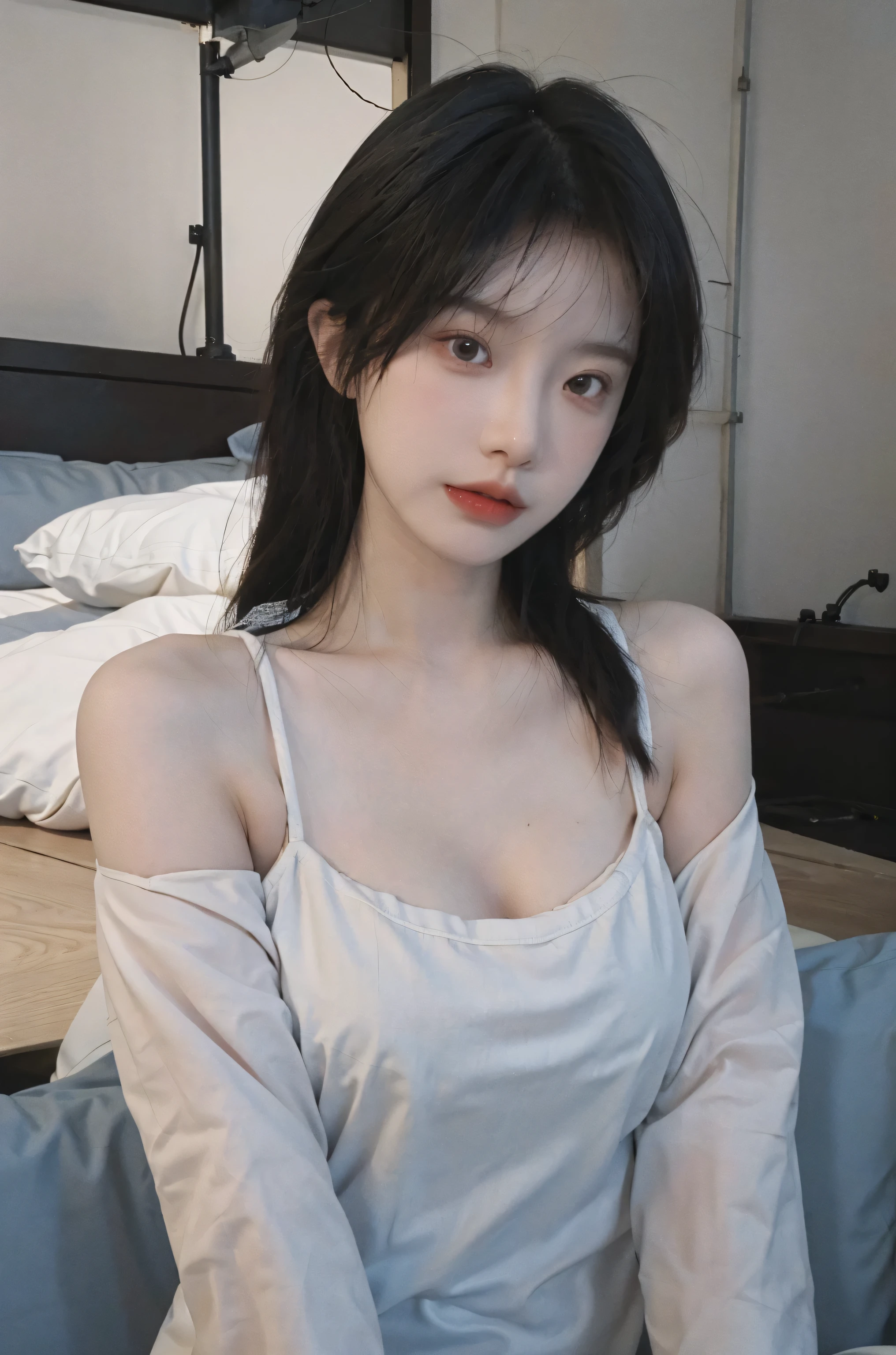 white dress, cleavage, large breasts, Best quality at best,ultra - detailed,actual,A high resolution,sportrait,big breasts beautiful的女人, magnificent bed,Gorgeous bed,perfect make-up,suns rays,big breasts beautiful,delicated,Amazing,