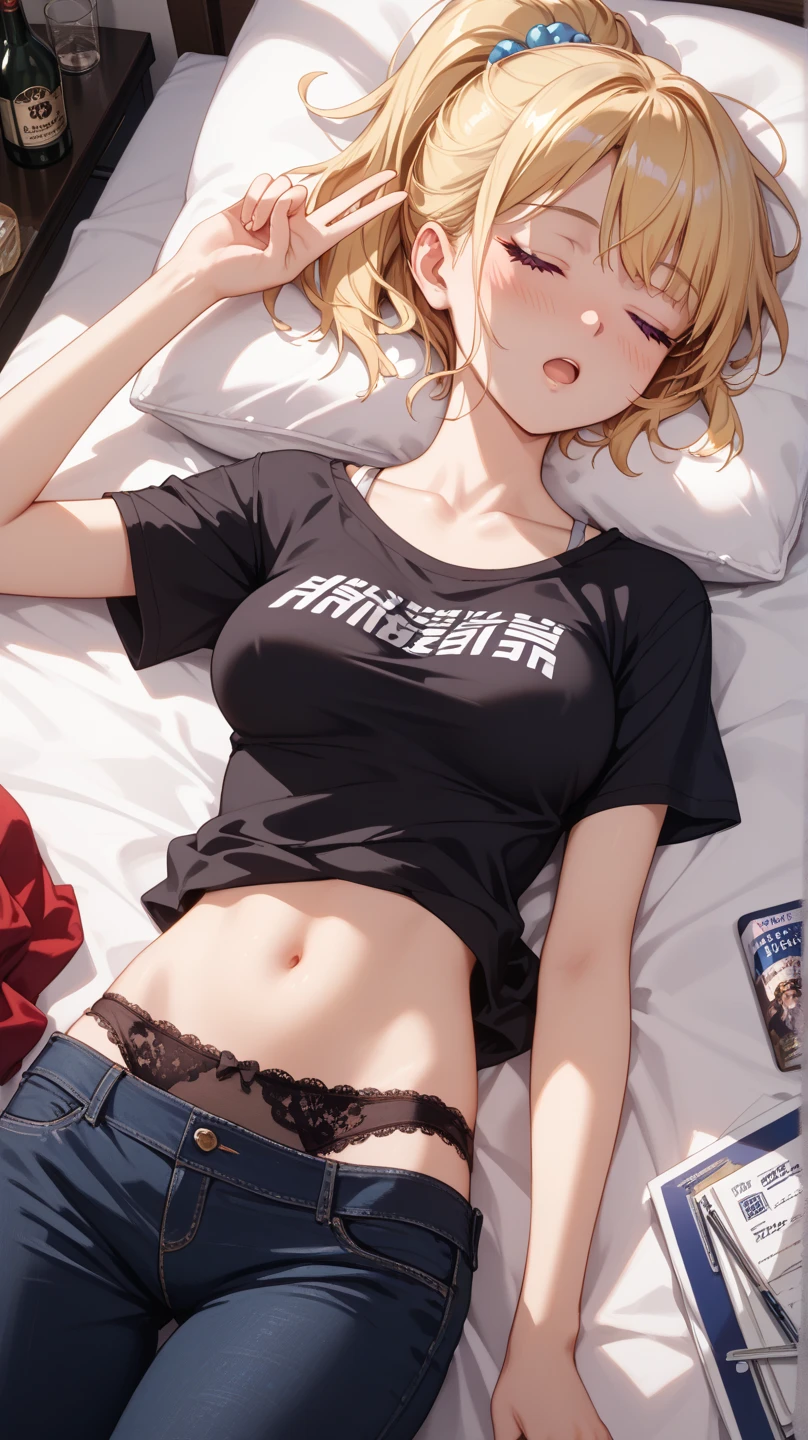 top-quality、Top image quality、masterpiece、girl with((18year old、tshirts:1.6、shortpants、Bust 85、a blond、disheveled ponytail、Blue eyes、open chest wide、cleavage of the breast、Happiness、Black wristband on wrist、eye glass、Ear-piercing))、A slender、(((Sleeping on your back in bed:1.4)))、hiquality、visualart、Background with((a bed、darkened room))、masutepiece