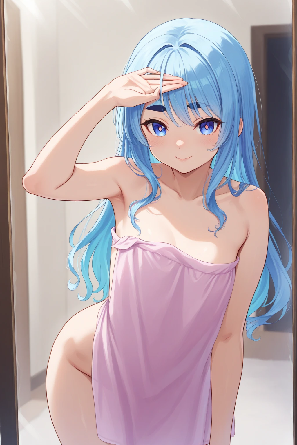 Long silver hair, green eyes, headband, necklace, flat chest, smile, happy, beautiful thighs, inside house