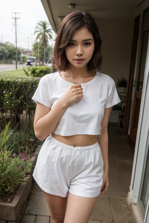 smile、((White lace T-shirt)), ((White shorts))、(The eyes are blue)、((Open Stance))、(((Standing pose with legs wide apart)))、solo、One person、Staring at the audience、((Sexy young woman&#39;s body:1.4)),


