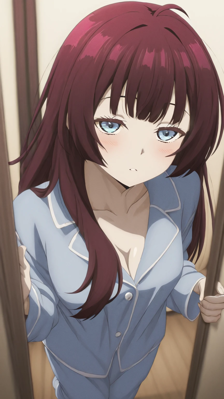 ((1 girl)),((single)), makise kurisu,((Extremely detailed CG unity 4k wallpaper)),(Masterpiece),(ultra quality),(Ultra detailed),(high illustration),( best shadow),(extremely detailed),(best resolution),(absurdity),(detailed background),(dynamic pose),(cowboy shot),medium breasts, narrow waist, wide hips, medium thighs, round butt, hair reddish brown, long, violet blue eyes, serious face, stoic expression, blushing, small smile, , Beautiful detailed eyes, looking at viewer, suductive gaze, black sweater dress, ribbed sweater, bare shoulders, bare legs, nail polish,(( only)), closed mouth, Backlit,((standing:1.4 ,indoor, sofa , apartment,room,living room, window,urban background,night,city lights,thinking about the future)), looking forward,((focus on breasts)), pov: (from above), perfect anatomy, hands perfect