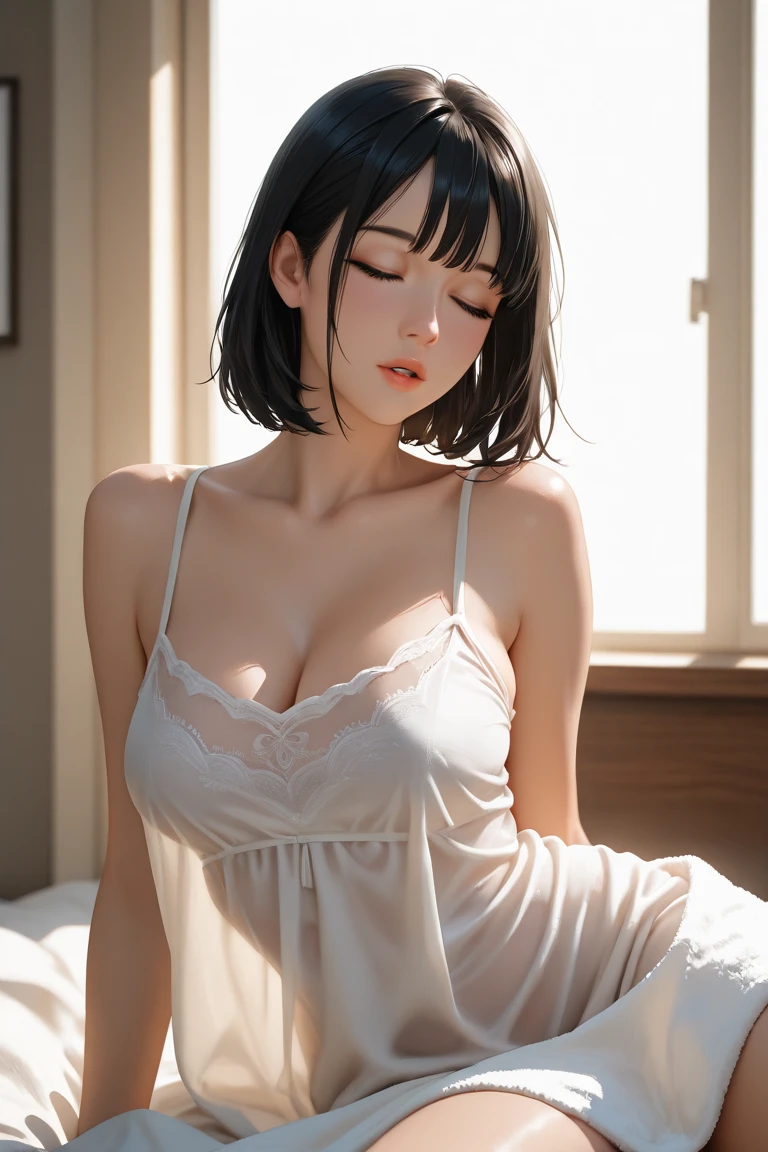 ((((masterpiece, best quality, high resolution)))), Extremely detailed 8K, Beautiful girl with voluptuous body, (Ultra HD, Ultra-detailed, Highly detailed, Highly realistic, Ultra-realistic, photograph realistic), (1girl:1.5), (Realistic black hair), (short wavy hair, hair ornaments, earrings), (dynamic poses), facing at camera, looking at viewer, (blushing red, embarrassed, exhausted), (green eyes, sharp eyes), (big perky breasts:1.2), (beautiful detailed face, beautiful detailed eyes), ((white loose camisole, lace panties)), (detail pussy), (sitting on bed), sweat, glow, (nightlight), ((cowboy shot)), bedroom, seductive, (aheago, crying in pleasure, moaning in pleasure)