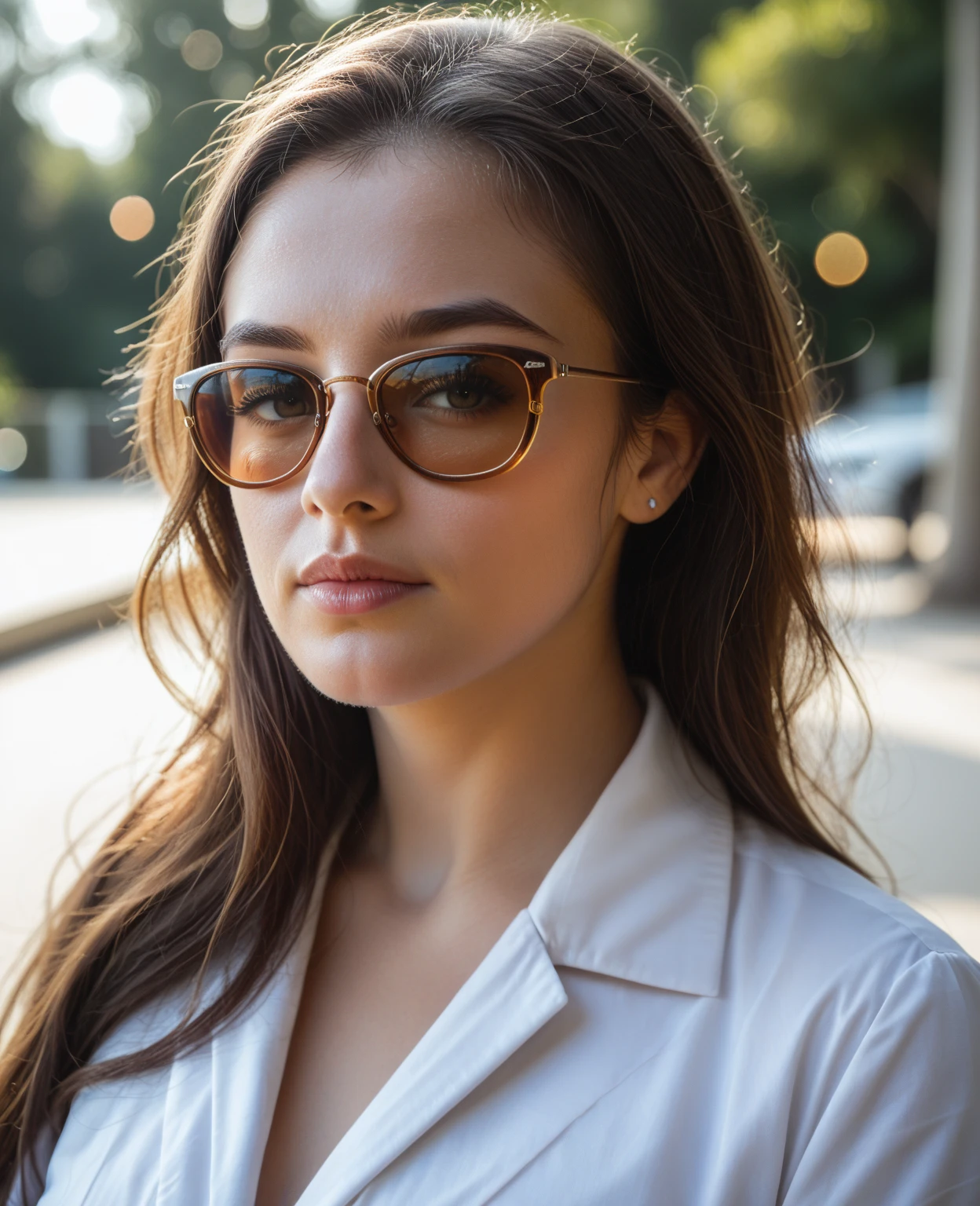 Australian model girl, (34 years old), in the hotel, lobby, shirt, sunglasses, alluring expression, (above view), (face and skin details), (masterpiece, best quality, highly detailed)