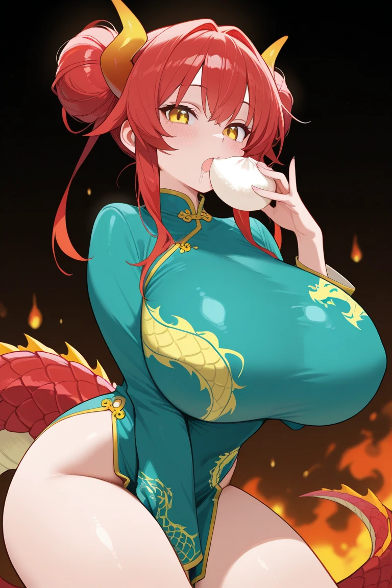 1girl, gigantic_breasts, dragon_antlers, dragon_tail, red_tail, long_hair, red_hair, white_eyes, smile, chinese_dress, red_dress
