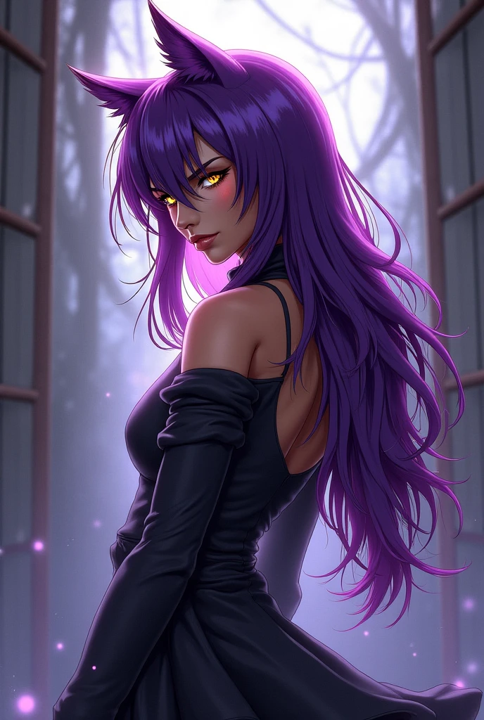 purple hair, medium hair, fox ears, hands behind head, blue eyes, eyeshadow, beautiful girl, medium breast, (no bra:1.2), pencil black skirt, wet shirt, black thighhighs, zettai ryouiki, seductive smiling, red lipstick, sexually suggestive, (sexy:1.3), professional majestic oil painting by Ed Blinkey, Mikhail Vrubel, Atey Ghailan, Jeremy Mann, Greg Manchess, (WLOP:1.2), Charlie Bowater, trending on ArtStation, trending on CGSociety, Intricate, High Detail, Sharp focus, dramatic, photorealistic