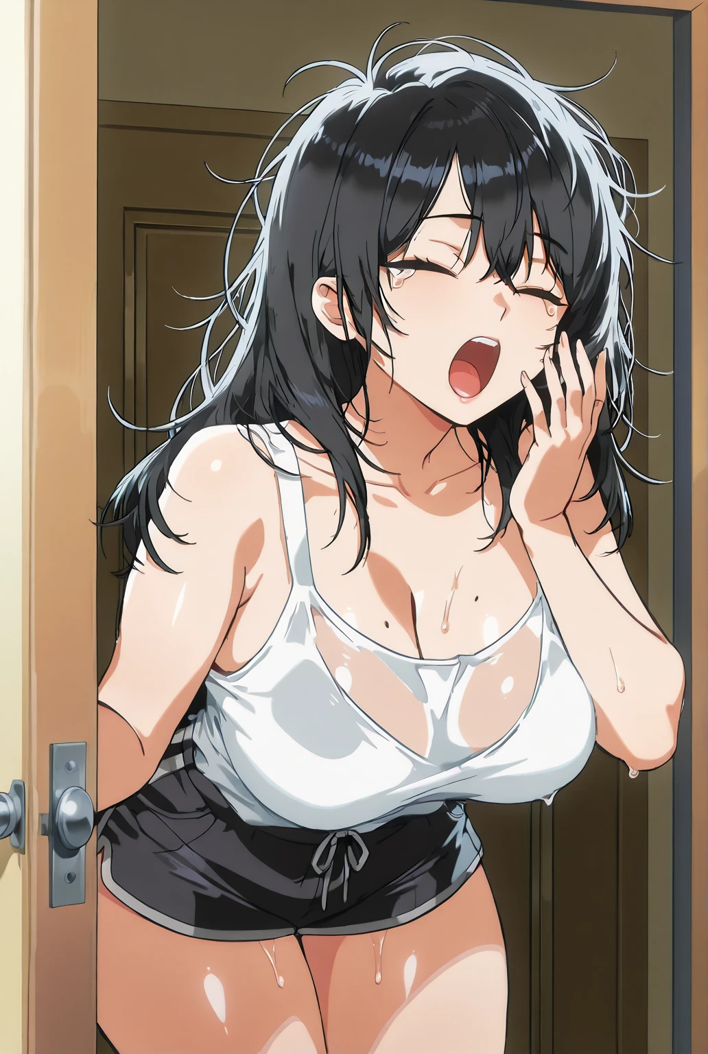 16k, High resolution, masterpiece, highest quality, 
cinematic pictures, hospital, blush your nose, heavy breathing, Sweat, Climbing a man&#39;s genitals, Agatsuma Kaede, dull bangs, long hair, medium breasts, Naked, excited and attacked, sex, sexual harassment, hands in front, man right behind