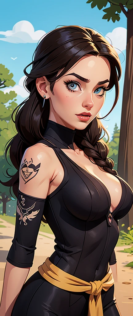 Character style Cartoon style digital illustration GTA style female style beautiful breasts symmetrical medium breasts Fiona with war marks Cartoon image of a woman .Ilustra??o estilo desenho animado, estilo de arte dos desenhos animados, estilo de arte dos desenhos animados, digital illustration style, estilo atompunk design de personagens altamente detalhado, arte digital detalhada coragem, Forest fan art, Design de personagens de retrato, beautiful digital illustration, retrato de alta qualidade, Arte em quadrinhos, mulher jovem cabelo com transas lindas . Eyelined eyes Medium large bust and wonderful sexy clothes. 