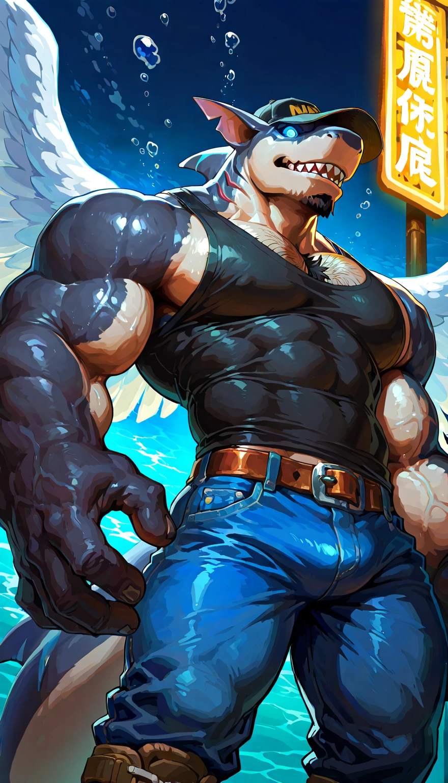 Hyper is a bouncer shark at an underwater ! Solo, alone, A big dumb hunky jock shark who wears a baseball cap whose rim covers his glowing eyes and looks tough! Muscular , black muscle tank top with the word "OBEY" inscribed in white over the in front and shoulders on back, tough and stupid while on guard duty, daytime , ocean island bar, front view, low angled view, best Quality, high quality, ultra high resolution, Fine Eyes, gills, Exquisite Face , stage performers, handsome, Chest muscles, hair, Abdominal muscles, tight blue jeans, caustic water effects, neon lights, underwater bar, null-ghost,Takemoto Arashi, Sexy, Muscle Development, hair, Abdominal muscles, boots, Hyper from visual novel "Wolfstar: Sins and Paradise". Hyper from Wolfstar: Sins and Paradise the visual novel score_9, score_8_up, score_7_up, Best Quality, high quality, Ultra High Resolution, fine eyes, exquisite face, shark, , muscles , Muscular development , muscle line, Thick Muscle , smooth shark, short spiky black hair, hair, shark head, ultimate warrior pattern facial fur, intense glowing Blue Eyes ,handsome, Spectacular, fine eyes, strong jawline, short black goatee, shark tail, Five-Toe , smooth ,null-ghost,Takemoto Arashi, bara pecs, focus on pecs, muscles, muscular male), set of giant light blue angel wings, Highest Quality, 4k, masterpiece, solo, Amazing Details, highly detailed face, no defects, solo, alone, no watermark, no defects, no watermarks, perfect hands. Dazzling lights, special effects, stage show, Amazing Details, highly detailed face, no defects, no watermarks, perfect eyes.