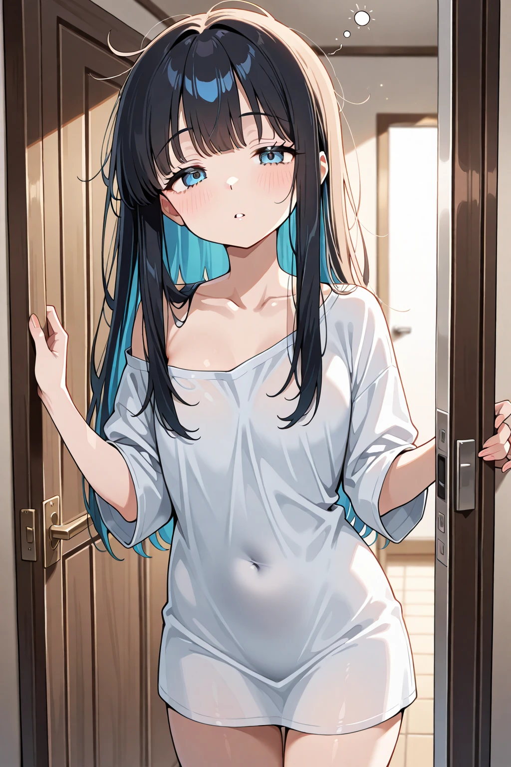 (masterpiece), best quality, 1girl, 8-year-old, cute petit girl, flat breast, black hair, very long hair, looking at viewer,
she are wearing one piece dress, white dress, sundress, summer dress, see through lace dress, micro short dress, micro mini dress, she doesn't wear underwear, No wearing bra, No wearing panties, Nipples protruding through the dress, (covered erect nipples), The material of her clothes are so thin that her breasts are clearly visible, bare shoulders, not wearing any jacket, she are wearing no sleeve clothes, her crotch is visible because her skirt is too small, pussy is visible because the hem of her dress is upper than the crotch, (under crotch:1.5), she doesn't have pubic hair,
she stands with spreading legs herself, bend down, acting super shy, behind the building, leaning back against the wall, There's a passerby behind her, blush, Alley,