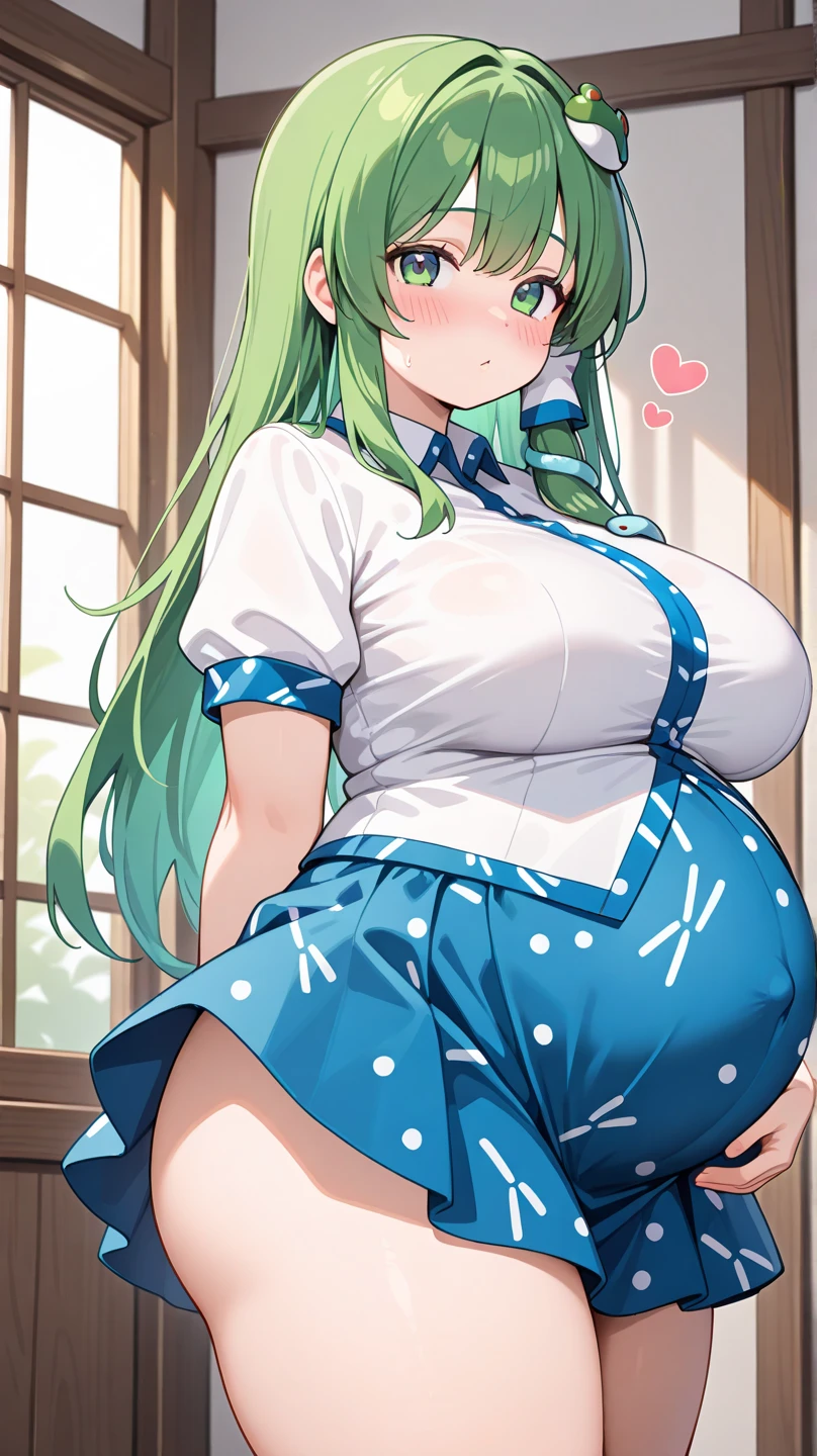 masterpiece, best quality, ultra-detailed, 1girl, overalls, no bra, Mion Sonozaki, green hair, green eyes, ponytail,(pregnant_belly)