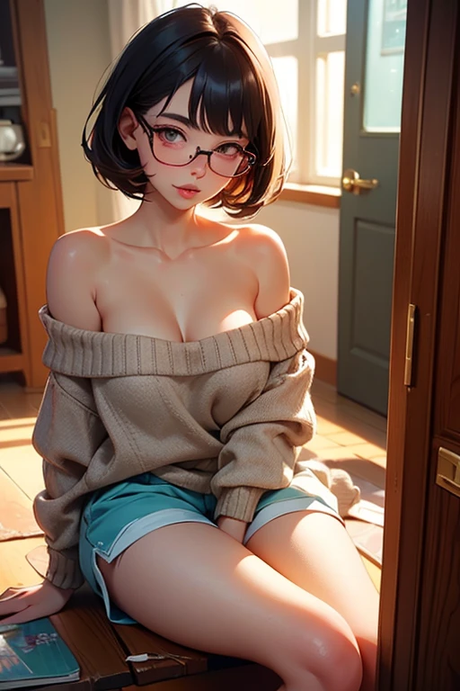 Looking into the camera,20-year-old,1 female,(She is wearing a tight light brown miniskirt........)(She wears white panties),(Wearing a tight-fitting sleeveless shirt...)(Her breasts are exposed through her shirt)(female teacher),(Crouching posture)(I can see your pants)(Obscene pose),(Very large breasts),(Big Breasts)(Accentuate your cleavage)(Voluptuous body)(Black short hair),(Best image quality, (8k), Ultra-realistic, 最high quality, high quality, High resolution, high qualityの質感, Attention to detail, Beautiful details, The finer details, Extremely detailed CG, Detailed Texture, Realistic facial expressions, masterpiece, in front),(Wearing glasses:1.1)(((Strict adherence to front-end configuration)))　(((Photograph the whole body)))(((Photo of a person with their legs spread)))(((Accentuate the crotch)))