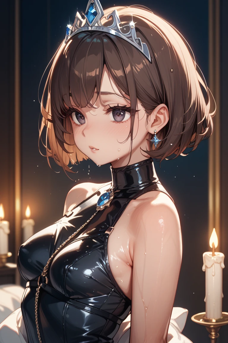 RAW shooting、Photorealsitic、masuter piece、one girls、a baby face、Very cute、Slender and beautiful、((small tits:1.2))、７Head and body、Meticulously drawn eyes、Attractive eyes、Twin-tailed、little giant、a choker、fine sequin dress、champagne gold dress、Chess gangte sleeveless dress with bold opening、Anguished poses、Luxurious dance hall、dimly lit dance hall、small title background