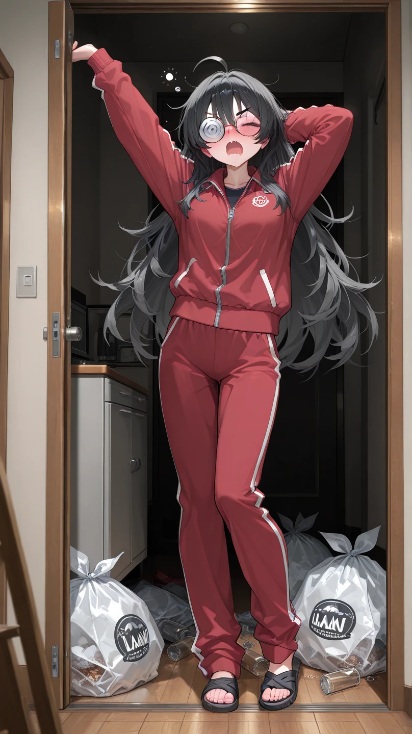 In the morning, I ran into my neighbor at the front door of my apartment building , She is holding a garbage bag while yawning , She is standing at the front door , Through the open door, I can see her messy room , 
1 girl , round face , drunk , blush , looking upwards , wavy mouth , saliva , coke-bottle glasses , double eyelids , defined eyebrows , Subtle eyeliner around the eyes , sharp nose , full lips , black hair , messy long hair , flyaway hair , ahoge , cross bang, giving a tight and defined face , wheatish skin , flawless skin , svelte body , average height , slender legs , red tracksuit , zipper down clothes , wrinkled clothes , different colored sandals , (((  legs ))) , 
break , 
( ambient occlusion:0.9 ) , masterpiece , best quality , ultra-detailed , high resolution , extremely detailed CG , unity 8k wallpaper , super detailed skin , perfect  , detailed beautiful face , detailed beautiful eyes , highres , chiaroscuro , highly detailed background , elaborately designed clothes , cinematic lighting , romanticism , full body , cinematic angle , 