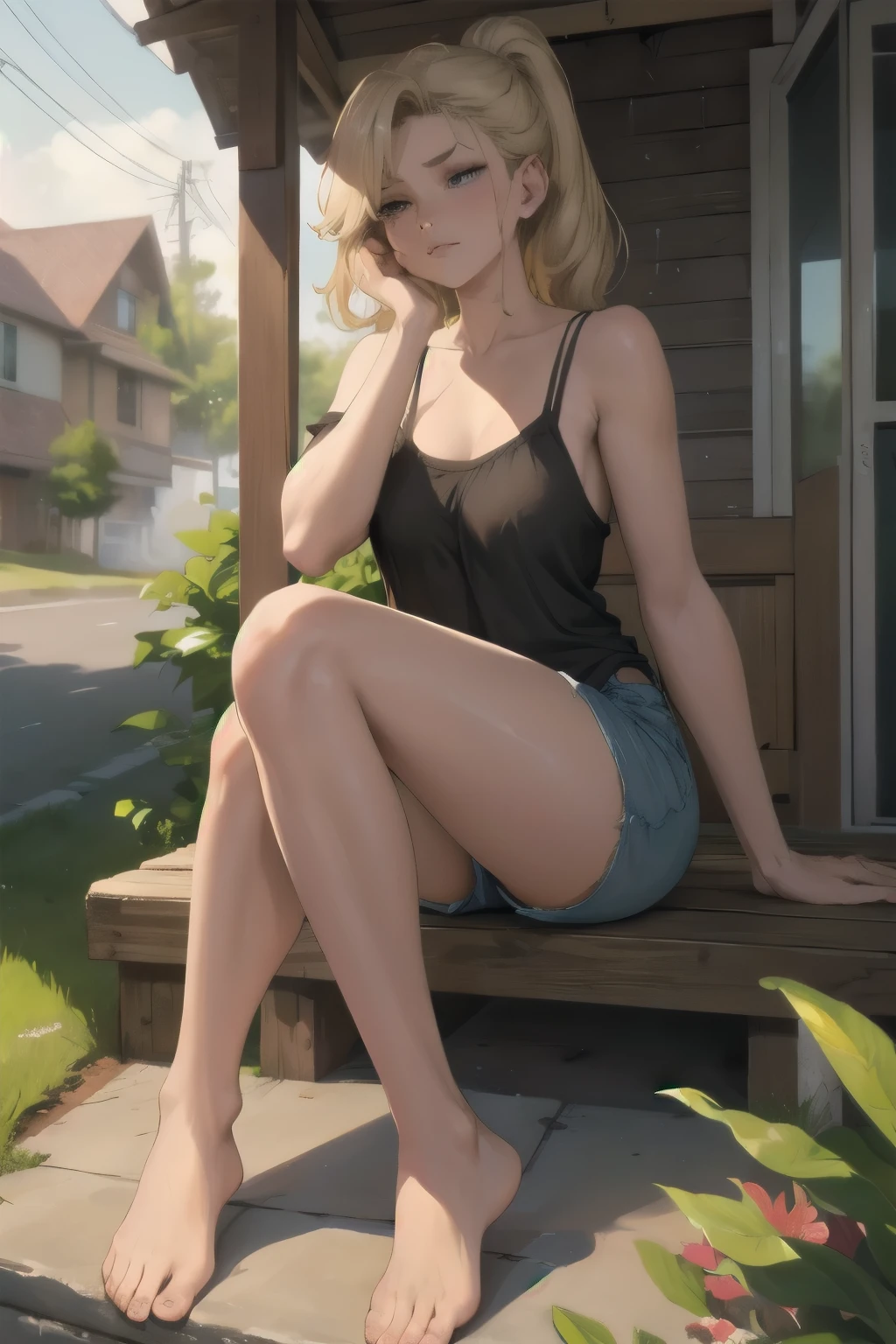 Superior Quality, Masterpiece, Ultra High Resolution, (Photorealistic: 1.4), Raw Photo, Deep Shadows , girl, small breasts, small ass, very short clothes, white hair, yellow eyes, sitting, legs apart, bench, square, wet